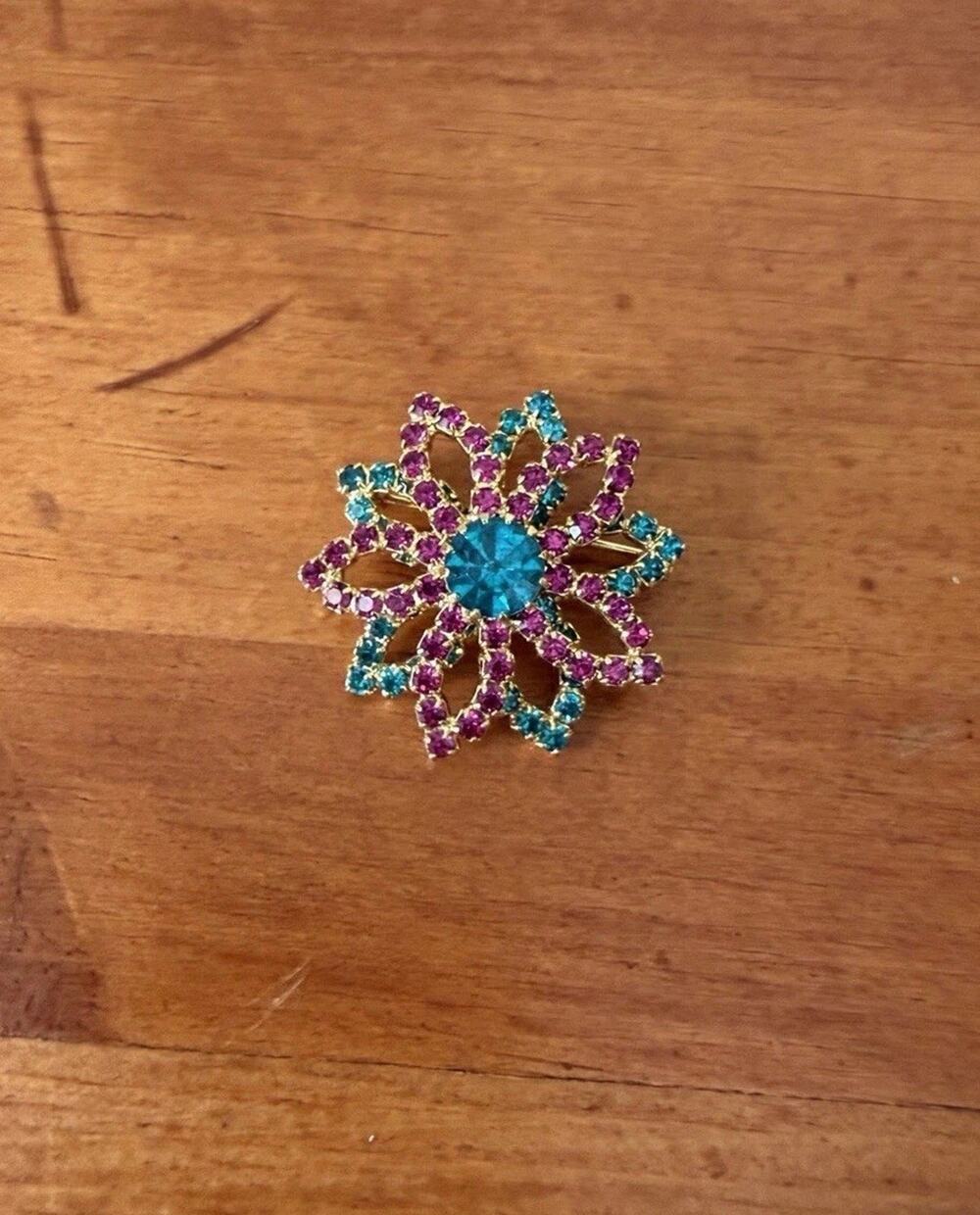 Vintage Style Teal Pink Rhinestone Flower Brooch Gold Tone Statement Pin